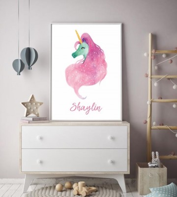Eenhoorn poster met naam gepersonaliseerd roze