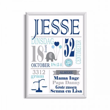 Geboorteposter jongen blauw grijs wit frame