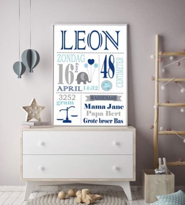 Geboorteposter jongen olifantje blauw grijs kastje 1