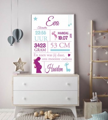 Geboorteposter meisje pastelkleuren frame kastje
