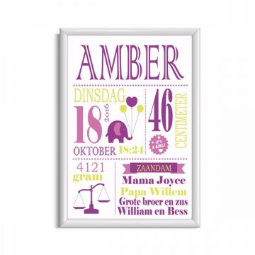 Geboorteposter meisje roze paars frame wit