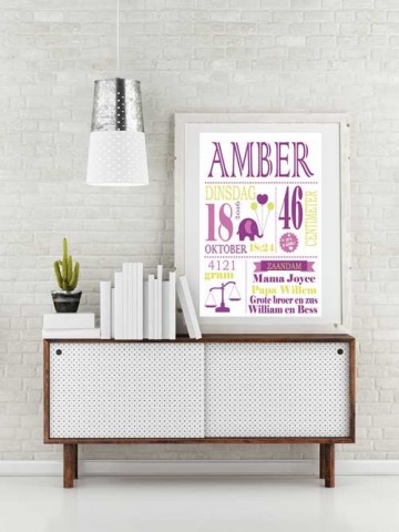 Geboorteposter meisje roze paars frame witte kast