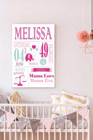 Geboorteposter meisje zalm roze bedje frame