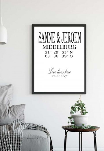 Gepersonaliseerde poster woonplaats en coordinaten zwart wit
