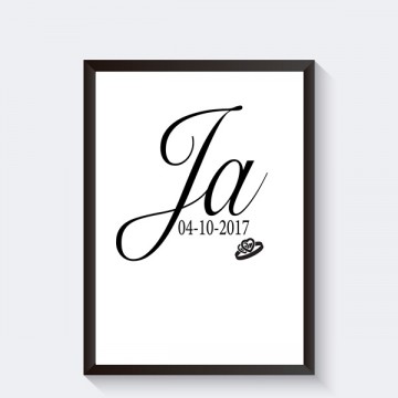 Ja wij gaan trouwen zwart wit poster met datum en ringen gepersonaliseerd