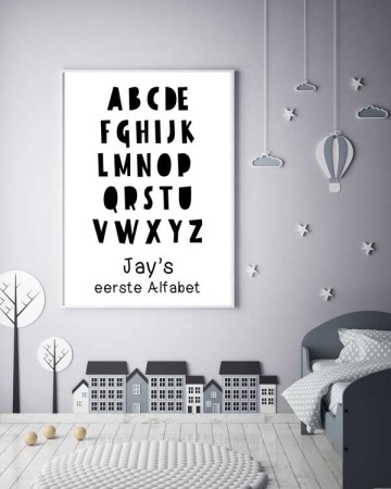 Kinderkamer poster zwart wit met alfabet en naam gepersonaliseerd