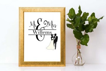 Koppel trouwposter monogram met naam en bruidskoppel