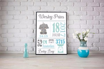 Kraamcadeau baby geboorteposter met olifantje