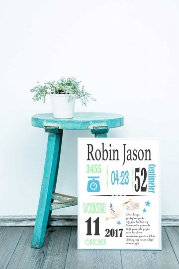 Kraamcadeau jongen geboorteposter met ooievaar en gedicht