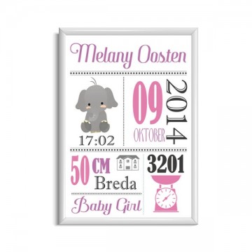 Kraamcadeau meisje geboorteposter schattig olifantje