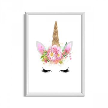 Meisjesposter met unicorn eenhoorn gezicht en gouden hoorn