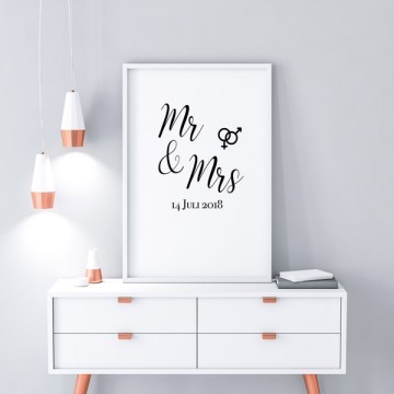 Mr en mrs trouw poster zwart wit met huwelijksdatum en symbolen