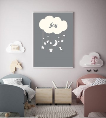 Poster wolk met sterren grijs boven bedje