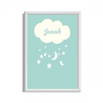 Poster wolk met sterren groen frame wit