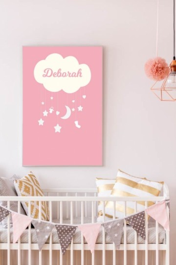 Poster wolk met sterren roze boven bedje