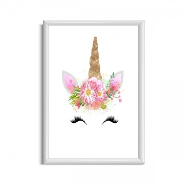 Roze unicorn poster gezicht met winpers en gouden hoorn