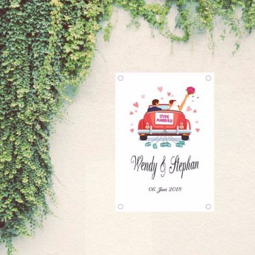 Spandoek huwelijk tuinpooster trouwdag gepersonaliseerd 0