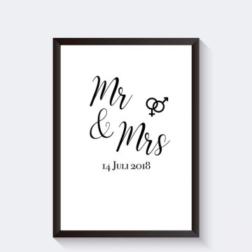 Trouwkado poster met mr en mrs en trouwdatum gepersonaliseerd