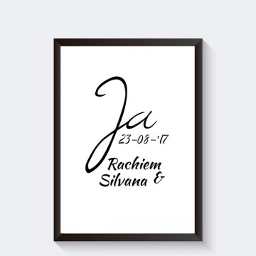 Trouwposter ja met namen en datum zwart wit kado