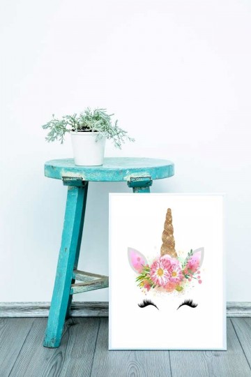 Unicorn eenhoorn poster gezicht met bloemen