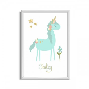 Unicornposter blauw met naam en gouden glitters