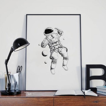 Zwart wit kinderkamer poster met astronaut jongenskamer