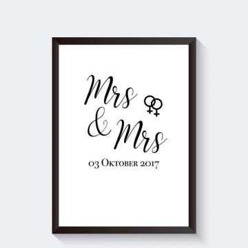 Zwart wit mrs en mrs trouwposter met datum huwelijkscadeau