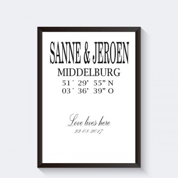 Zwart wit poster gepersonaliseerd coordinaten interieurposter