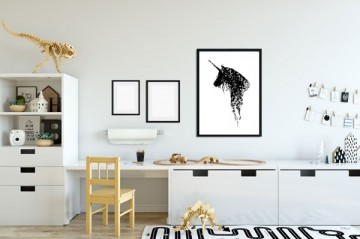 Zwart wit poster unicorn meisjeskamerdecoratie